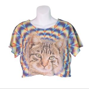 Tops - Trippy Cat Graphic Crop Top Tee S Tops - Trippy Cat Graphic Crop Top Tee S